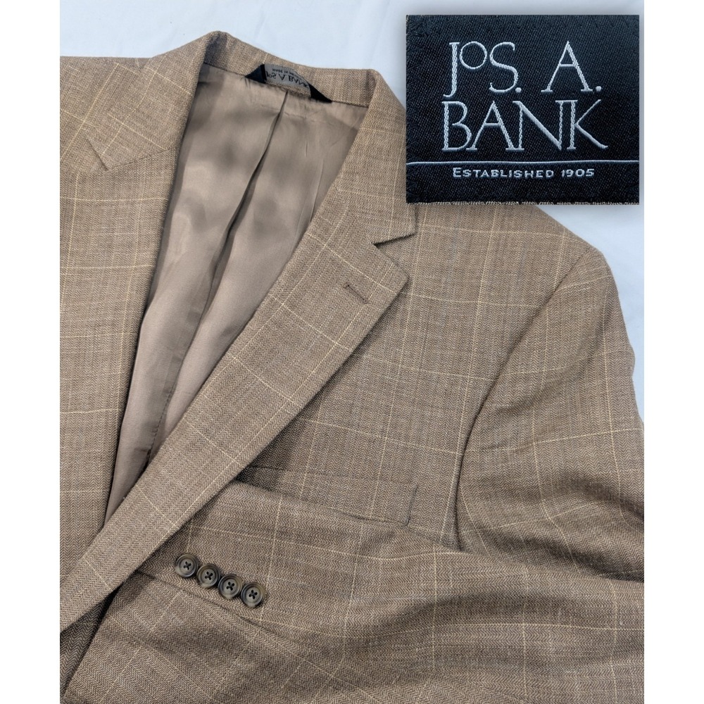 Jos. Bank Blazer Coat Sport Suit Jacket‎ Linen Wool Silk Plaid Gold 44R Big 48"